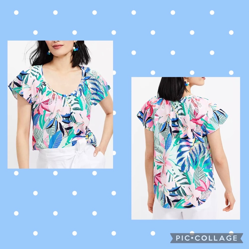 LOFT NEW WOMEN PALM SHIRRED SCOOP NECK TOP MEDIUM